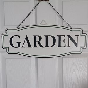 Garden Hanging Sign - White with Black Lettering 19" X 8" Metal With Chain